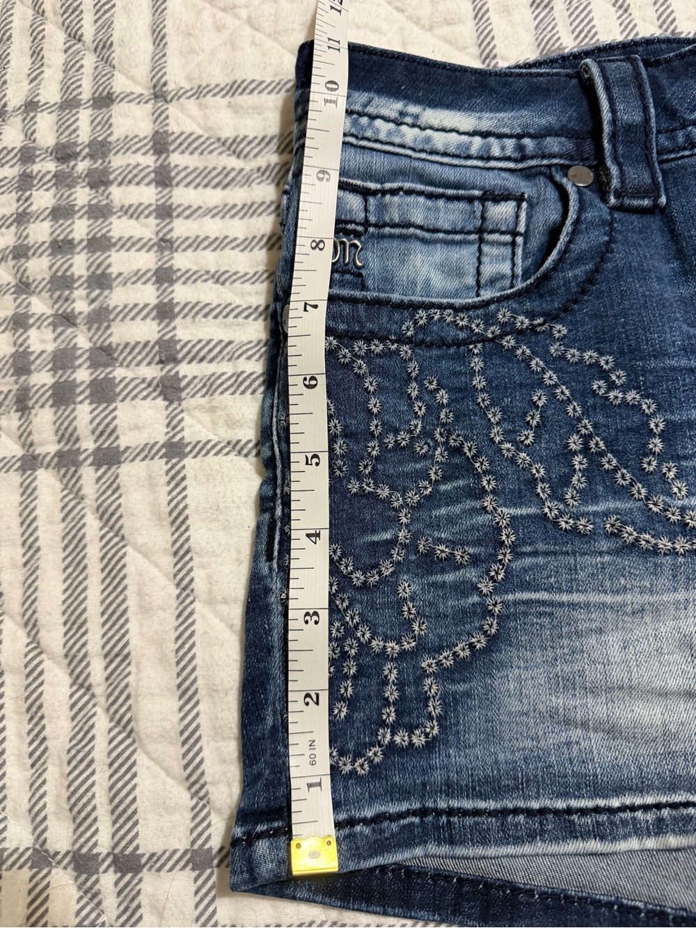 Miss Me Distressed Embellished Blue Denim Shorts - Picture 4 of 9